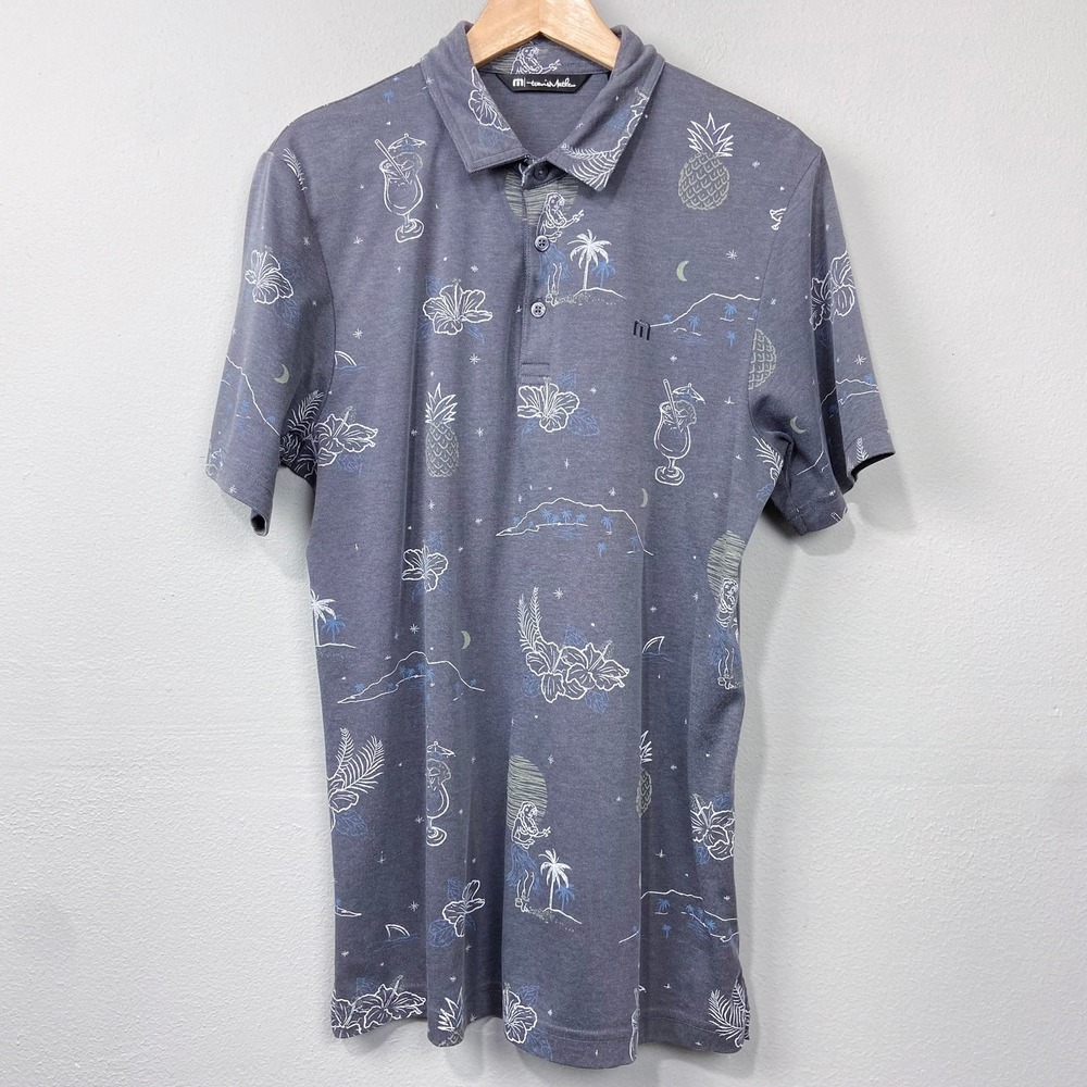 Travis Mathew Golf Polo Shirt Size M Gray Tropical Pineapple Casual Top Hawaiian